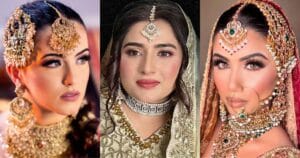 Three brides showcasing traditional bridal makeup and elaborate jewelry, featuring golden headpieces and intricate detailing, representing diverse beauty styles.