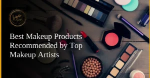 A spread of professional makeup products including brushes, palettes, and powders.