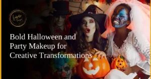 Group of individuals with bold Halloween makeup and costumes holding pumpkins.