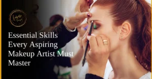 Makeup artist applying green eyeshadow during a skill-building session.