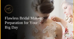 A bride getting her gown adjusted, with her makeup glowing and elegant for her wedding day.