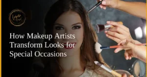A smiling woman surrounded by hands holding makeup brushes, highlighting transformation for special occasions.