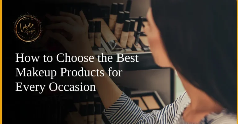 A woman selecting makeup products from a well-stocked shelf, emphasizing careful product choice.
