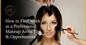 A woman surrounded by multiple makeup brushes, symbolizing career opportunities in makeup artistry.
