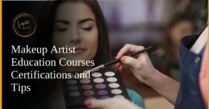 A makeup artist teaching techniques to a student with a palette in hand.