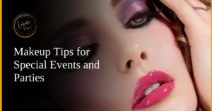 A glamorous makeup look featuring bold eyeshadow and glossy lips, perfect for special events and parties.