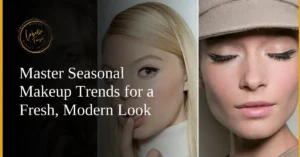 Close-up of two models showcasing fresh, seasonal makeup trends with winged eyeliner and natural tones.