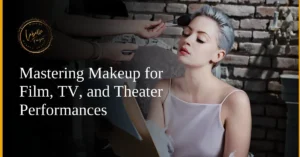 A professional makeup artist applying blush to an actress, ensuring stage and screen perfection.