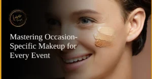 A smiling woman with foundation swatches on her cheek, showcasing makeup tailored for specific occasions.