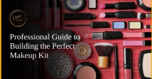 A variety of essential makeup products, including brushes, powders, and lipsticks, displayed neatly on a vibrant surface.