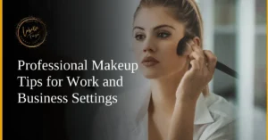 A professional woman applying subtle makeup, perfect for a polished business look.