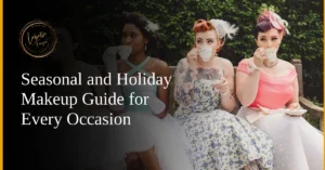 Four women in vintage outfits enjoying tea, each styled with seasonal makeup perfect for holiday occasions.