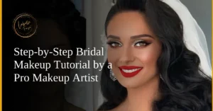 A radiant bride with flawless makeup, featuring bold red lips and a glowing complexion, styled by a professional artist Fouzia Rana.