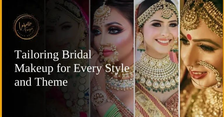 Four brides showcasing distinct bridal makeup styles, from traditional to modern, styled for unique themes by Labelle Hair and Makeup.