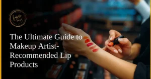A makeup artist testing vibrant lipstick shades on their wrist in a cosmetics store.