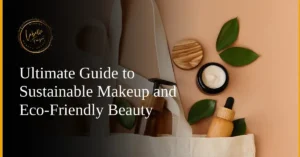 Sustainable beauty products, including eco-friendly jars and reusable accessories, placed on a neutral background with green leaves.