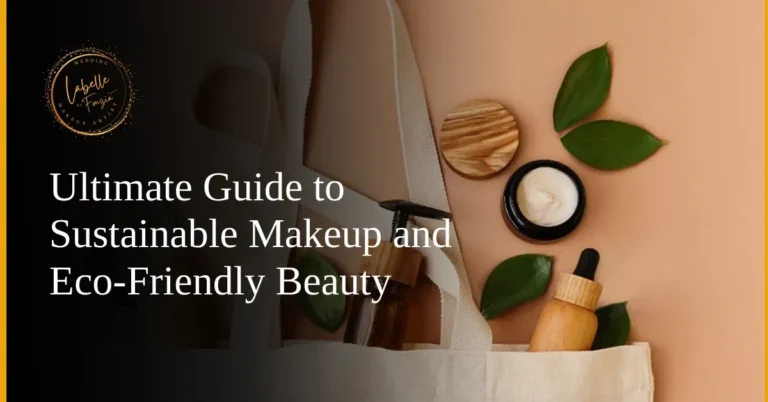 Sustainable beauty products, including eco-friendly jars and reusable accessories, placed on a neutral background with green leaves.