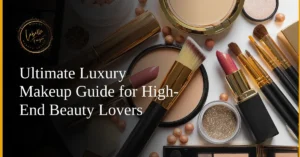 Premium beauty products, including luxury brushes, lipsticks, and powders, arranged aesthetically to showcase high-end makeup options.