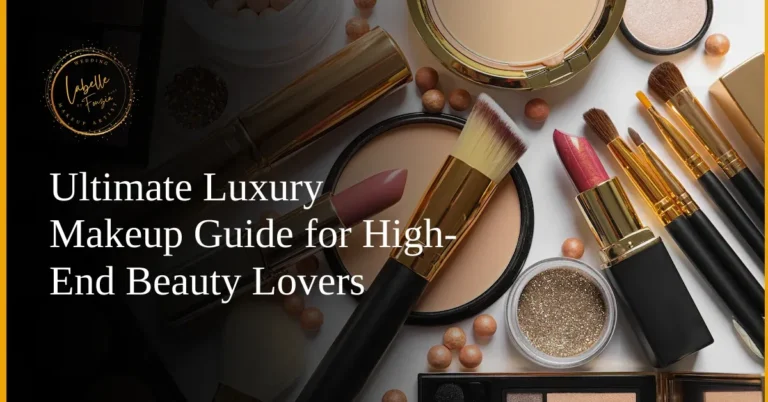 Premium beauty products, including luxury brushes, lipsticks, and powders, arranged aesthetically to showcase high-end makeup options.