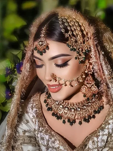 Bride in a garden setting with dark green and gold jewelry, eyes closed in a serene expression.